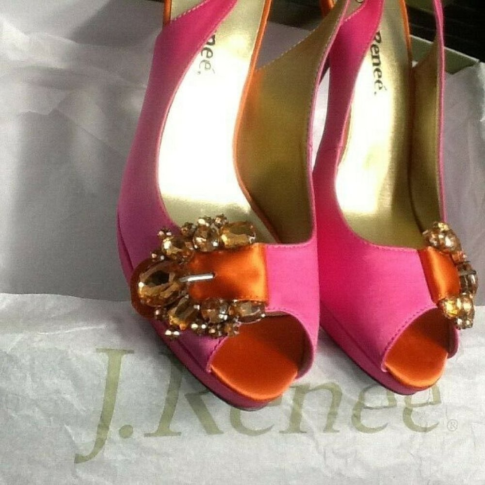 brand new Pink & Orange J Renee REGINA Peeptoe Satin Shoes with Jewels in Size 8